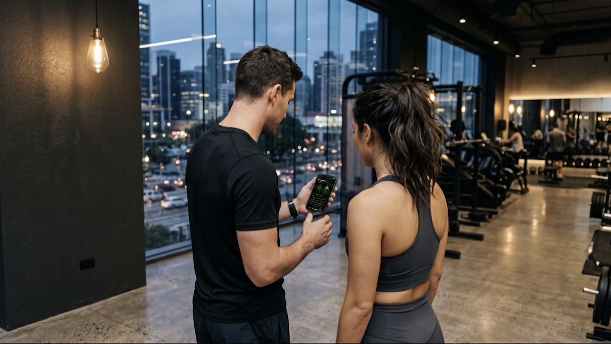 A coach and a client looking at a phone together at the side of a gym