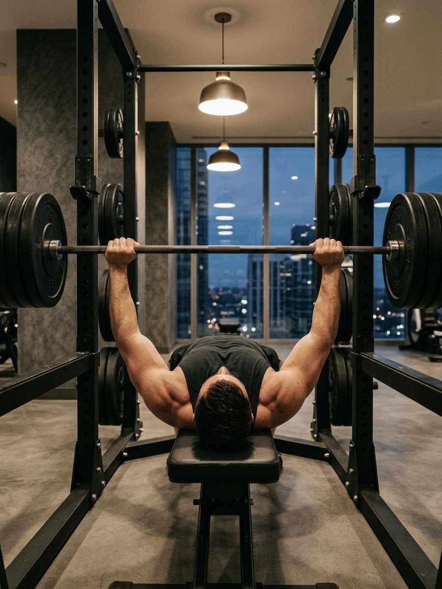 A gym wall clock above a loaded barbell