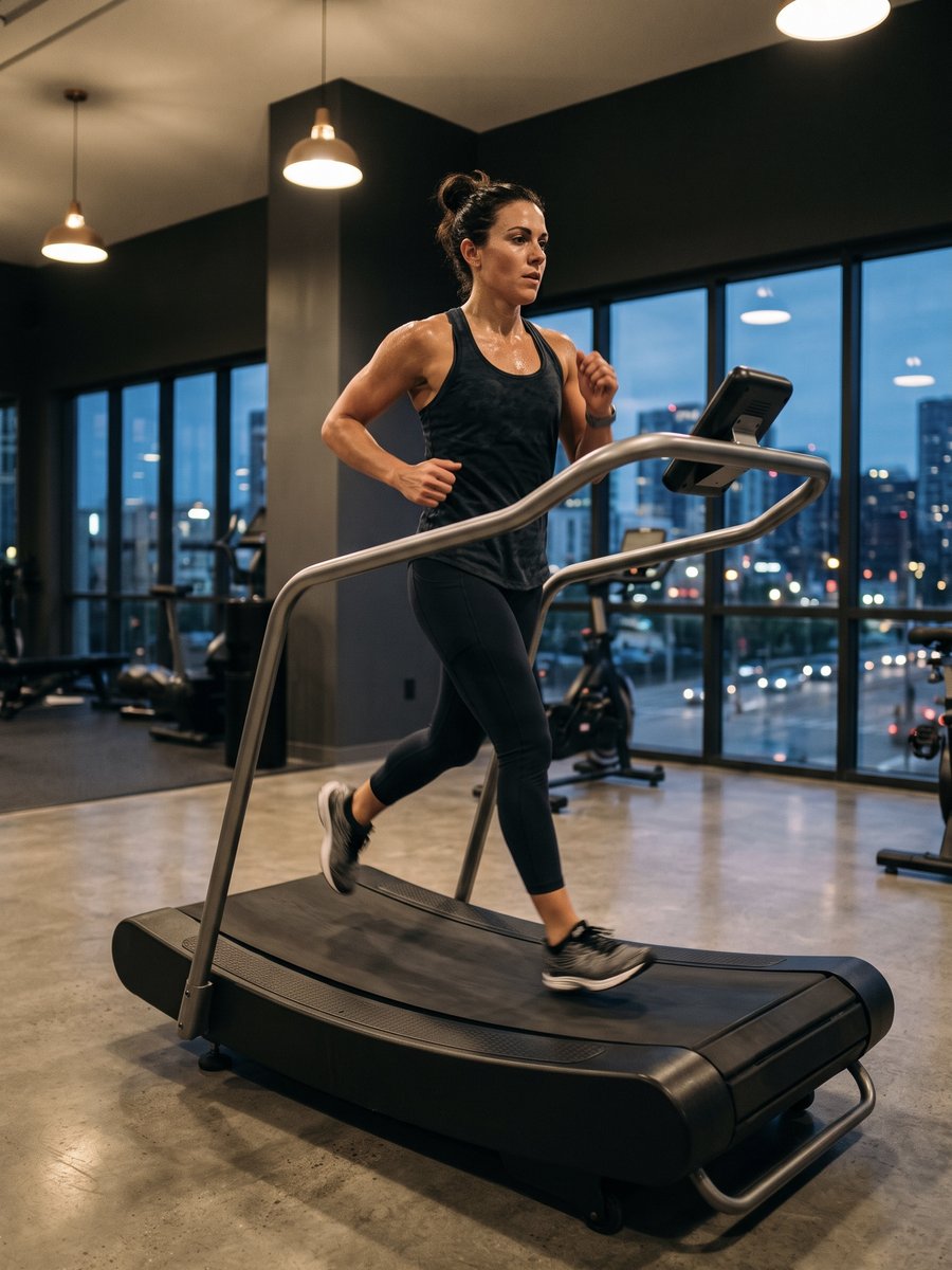 A runner at pace on a curved treadmill