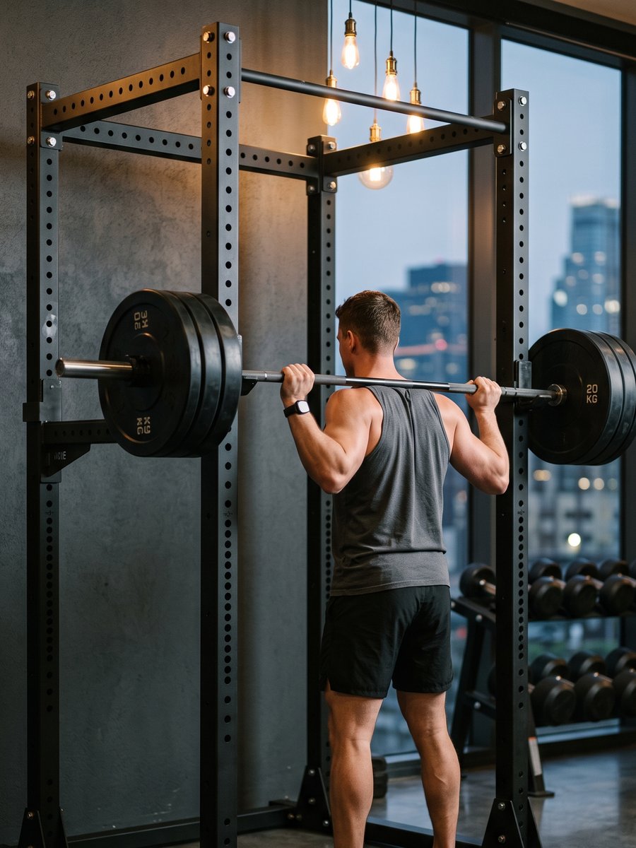 A lifter setting up for a back squat in a power rack